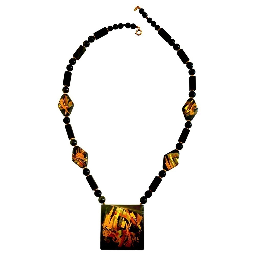 Japan vintage wooden lacquer long pendant necklace